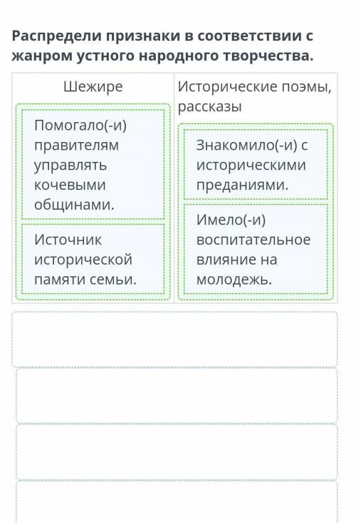 Устное народное творчество казахов в XVIII веке. Урок 2 Распредели признаки в соответствии с жанром