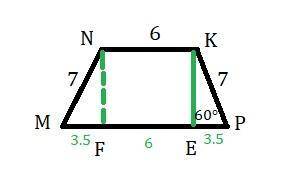 Найдите основание равнобедренной трапеции MNKP, если NK равен 6см, MN равен 7 см. угол P равен 60°