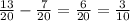 \frac{13}{20} - \frac{7}{20}= \frac{6}{20} = \frac{3}{10}