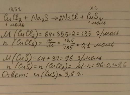 Определите массу осадка (г), полученного при взаимодействии 13.5 грамм хлорида меди(II) с избытком р
