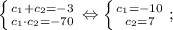 \left \{ {{c_{1}+c_{2}=-3} \atop {c_{1}\cdot c_{2}=-70}} \right. \Leftrightarrow \left \{ {{c_{1}=-10} \atop {c_{2}=7}} \right. ;