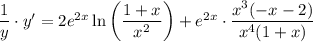 \dfrac{1}{y}\cdot y'=2e^{2x}\ln \left(\dfrac{1+x}{x^2} \right)+e^{2x}\cdot \dfrac{x^3(-x-2)}{x^4(1+x)}