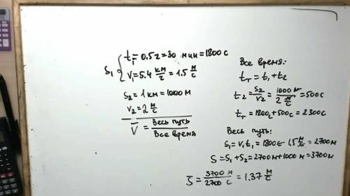 Турист шёл 0,5 часа со скоростью 5,4 км/ч. А затем 1 км со скоростью 2 м/с. Какова его средняя скоро