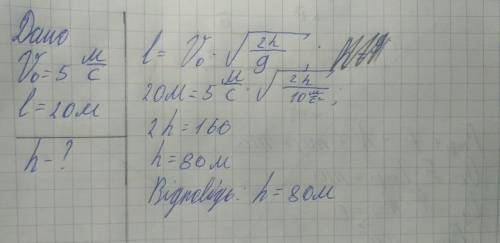 Дуже до Яка висота стіни, якщо при пострілі з гармати зі швидкістю 5м\с снаряд впав на відстані 20 м