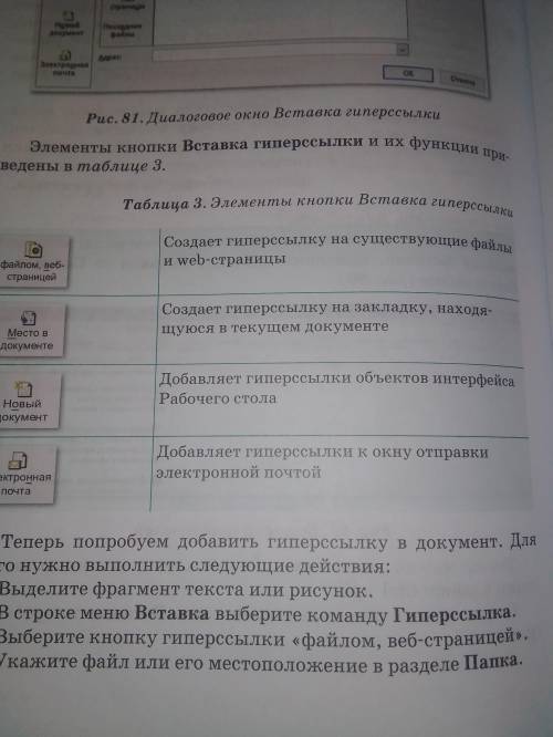 Заполните таблицу в тетради. Напишите назначения элементов кнопки Вставка гиперссылки.файлом, веб-ст