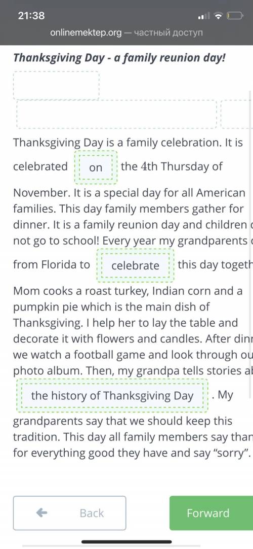 Read a summary of the listening about Thanksgiving day and complete the missing gaps with the words