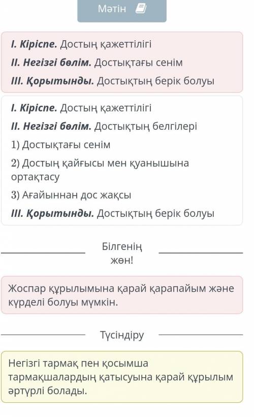 Берілген мәтіннің мазмұны мен құрылымына сәйкес келетін жоспардыанықта.МәтінІ. Кіріспе. Достың қажет