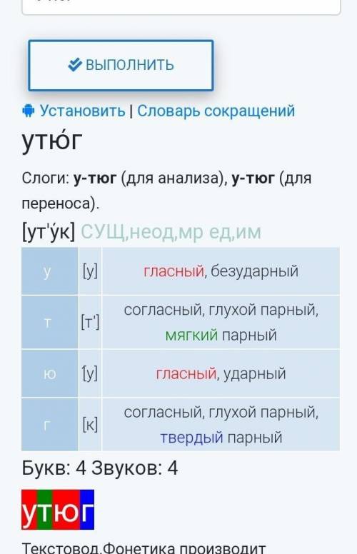 Домашнее задание: выполните фонетический разбор слов: ёж, медведь, цирк, тыква, утюг.​