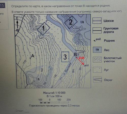 Определите по карте, в каком направлении от точки B находится Родник