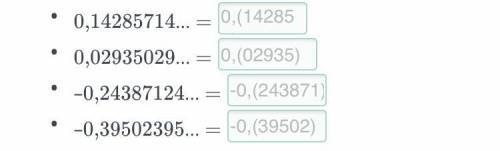 Определи период чисел и запиши. 0,14285714=0,02935029...=-0,24387124...=-0,39502395...=​