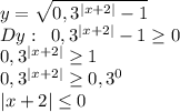 y=\sqrt{0,3^{|x+2|}-1} \\Dy:\;\;0,3^{|x+2|}-1\geq 0\\0,3^{|x+2|}\geq 1\\0,3^{|x+2|}\geq 0,3^0\\|x+2|\leq 0\\