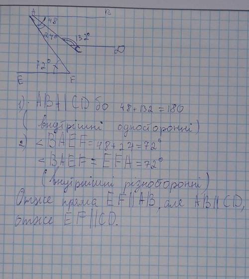 Яке взаємне розміщення прямих CD і EF з наданого малюнка? Відповідь обґрунтуйте