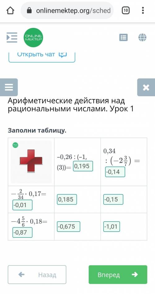 Заполни таблицу. -0,26 :(-1,(3)) = 0,34 : (-2) = 0,17- - 4 - 0,18- Скажите