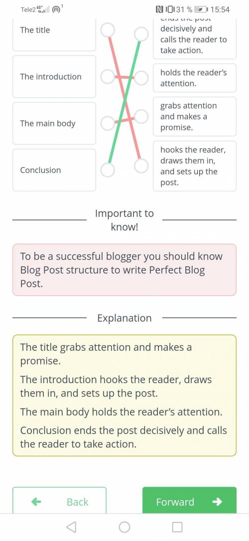 Match the key elements of Blog Post Structure to their appropriate descriptions. The titleThe introd