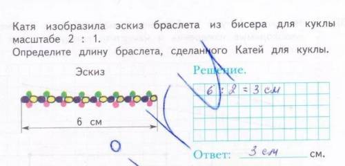 Катя изобразила эскиз браслета из бисера для куклы в масштабе 2:1. Определите длину браслета сделанн