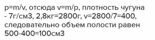 . Полый чугунный шар, наружный объем которого 550 см2, имеет массу 2,8 кг. Найти объем полости шара,