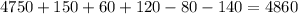 4750+150+60+120-80-140=4860