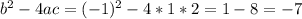 b^{2} - 4ac = (-1)^{2} - 4*1*2 = 1 - 8 = -7