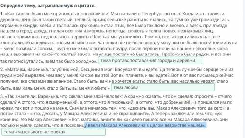 Определи тему, затрагиваемую в цитате. 1. «Как тяжело было мне привыкать к новой жизни! Мы въехали в