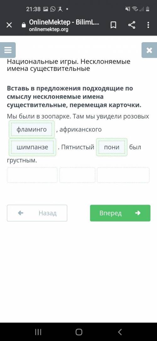 Вставь в предложения подходящие по смыслу несклоняемые имена существительные, перемещая карточки. Мы