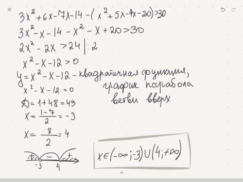 розвяжіть нерівність : (3x-7) (x+2) - (x-4) (x+5) > 30