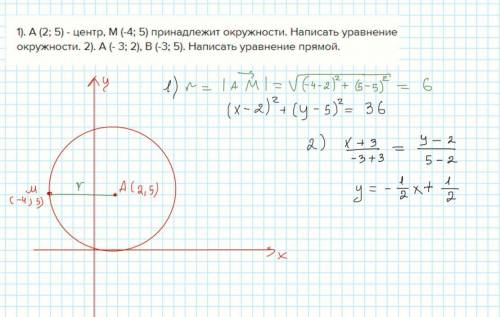 1). А (2; 5) - центр, М (-4; 5) принадлежит окружности. Написать уравнение окружности. 2). А (- 3; 2