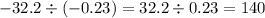 - 32.2 \div ( - 0.23) = 32.2 \div 0.23 = 140