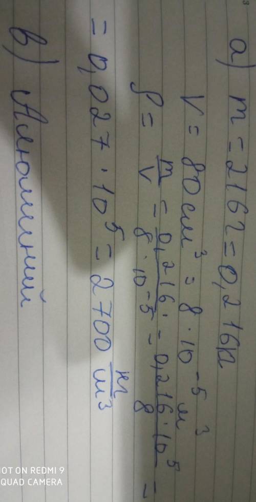 Дана масса тела 216 г, объём которого 80 см3. Определите:а) плотность тела в кг/м3;b) по таблице опр