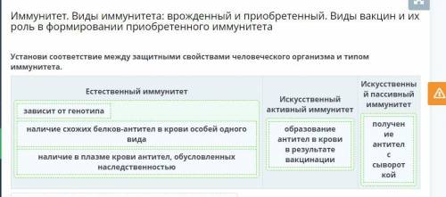 Установи соответствие между защитными свойствами человеческого организма и типом иммунитета. Естеств