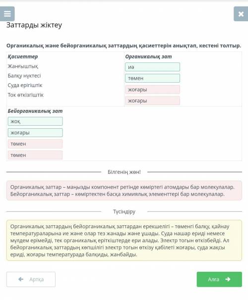 Заттарды жіктеу Органикалық және бейорганикалық заттардың қасиеттерін анықтап, кестені толтыр.Қасиет