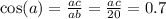 \cos(a) = \frac{ac}{ab} = \frac{ac}{20} = 0.7