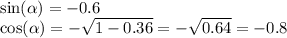 \sin( \alpha ) = - 0.6 \\ \cos( \alpha ) = - \sqrt{1 - 0.36} = - \sqrt{0 .64} = - 0.8