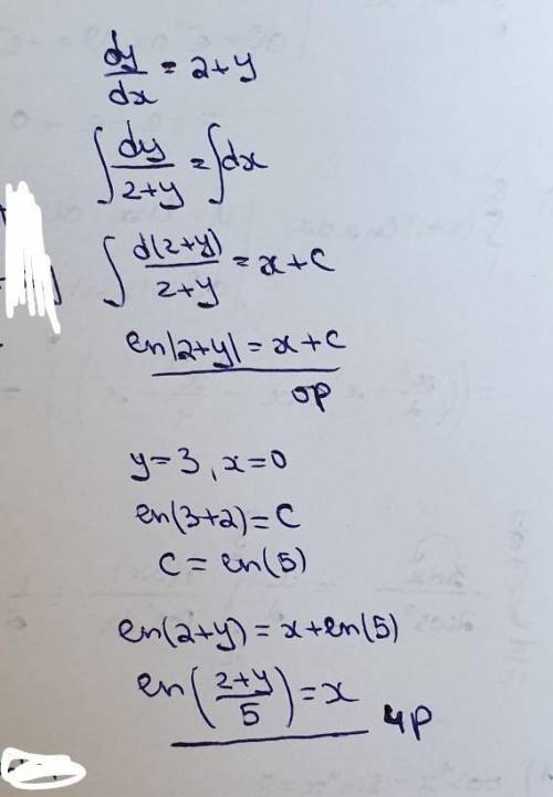 решить математику Найти частное решение дифференциального уравненияy'=2+y, если y=3 при x=0​