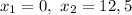 x_1 = 0,\ x_2 =12,5