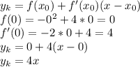 y_k=f(x_0)+f'(x_0)(x-x_0)\\f(0)=-0^2+4*0=0\\f'(0)=-2*0+4=4\\y_k=0+4(x-0)\\y_k=4x\\\\