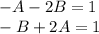 - A - 2B = 1 \\ - B+ 2A = 1