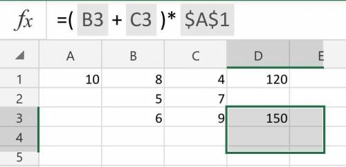 Дан фрагмент электронной таблицы. В ячейку D1 Введена формула =(B1+1}*$A$1. 127Напишите результат, к
