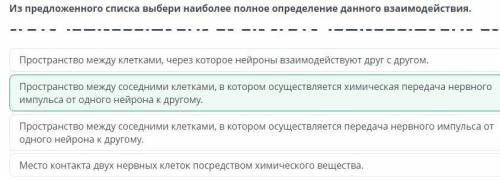 На рисунке изображено место контакта двух нейронов. Из предложенного списка выбери наиболее полное о