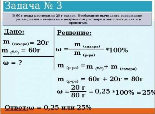 Задание 6. Сахар массой 20 г растворили в 80 г воды. Вычислите массовую дd полученном растворе. Напи