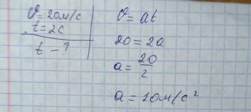 Мотоциклист движется со скоростью 20 м/с и начинает тормозить. Чему равно ускорение торможения, если