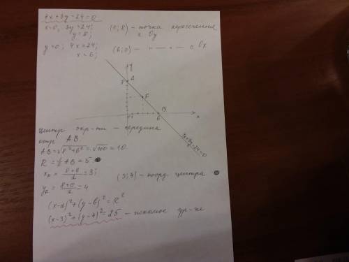 Умоляю Составьте уравнение окружности, диаметром которой служит отрезок прямой 4х+3у-24=0, заключенн