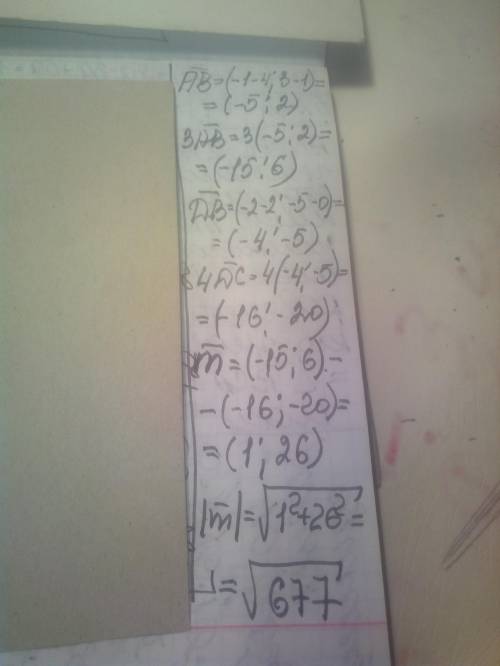 Задано точки A(4;1)B(-1;3) C(2;0) D(-2;-5). Знайдіть координати й модуль вектора m=3AB-4DC​