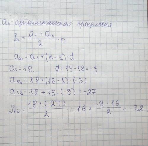 Найдите сумму первых шестнадцати членов арифметической прогрессии 18, 15, 12...​