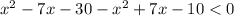 {x}^{2} -7x - 30 - {x}^{2} + 7x - 10 < 0