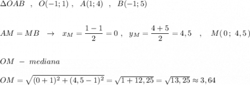 \Delta OAB\ \ ,\ \ O(-1;1)\ ,\ \ A(1;4)\ \ ,\ \ B(-1;5)\\\\\\AM=MB\ \ \to \ \ x_{M}=\dfrac{1-1}{2}=0\ ,\ \ y_{M}=\dfrac{4+5}{2}=4,5\ \ \ ,\ \ \ M(\, 0\, ;\ 4,5\, )\\\\\\OM\ -\ mediana\\\\OM=\sqrt{(0+1)^2+(4,5-1)^2}=\sqrt{1+12,25}=\sqrt{13,25}\approx 3,64