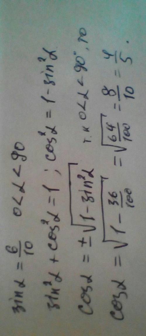 Определи косинус острого угла, если дан синус того же угла. (Дробь сокращать не нужно.) ответ: если