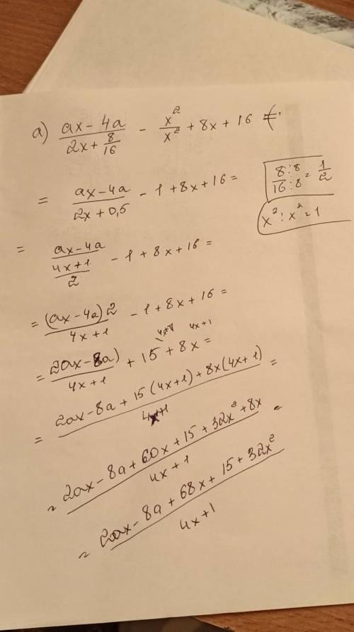 Представьте в виде дроби : a) ax - 4a/2x + 8 : 16 - x^2/x^2 + 8x + 16 б) b^2 - 4/b^2 + 4b + 4 : 16 -