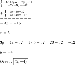 \left \{ {{-4x+3y=-32|*(-1)} \atop {-7x+3y=-47}} \right.\\\\+\left \{ {{4x-3y=32} \atop {-7x+3y=-47}} \right.\\ --------\\-3x=-15\\\\x=5\\\\3y=4x-32=4*5-32=20-32=-12\\\\y=-4\\\\Otvet:\boxed{(5;-4)}