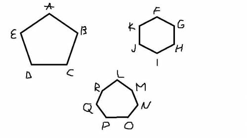 нарисовать пятиугольник АВСDE, шестиугольник FGHIJK, ceмиугольник