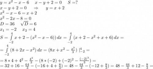 y=x^2-x-6\ \ \ \ x-y+2=0\ \ \ \ S=?\\x-y+2=0\ \ \ \ \Rightarrow\ \ \ \ y=x+2\\x^2-x-6=x+2\\x^2-2x-8=0\\D=36\ \ \ \ \sqrt{D}=6\\x_1=-2\ \ \ \ x_2=4\\S=\int\limits^4_{-2} {x+2-(x^2-x-6))} \, dx=\int\limits^4_{-2} {(x+2-x^2+x+6)} \, dx=\\=\int\limits^4_{-2} {(8+2x-x^2)} \, dx =(8x+x^2-\frac{x^3}{3})\ |_{-2}^4=\\=8*4+4^2-\frac{4^3}{3}-(8*(-2)+(-2)^2-\frac{(-2)^3}{3})= \\=32+16-\frac{64}{3}-(-16+4+\frac{8}{3})=48-\frac{64}{3}-(-12+\frac{8}{3})=48-\frac{64}{3}+12-\frac{8}{3}=\\